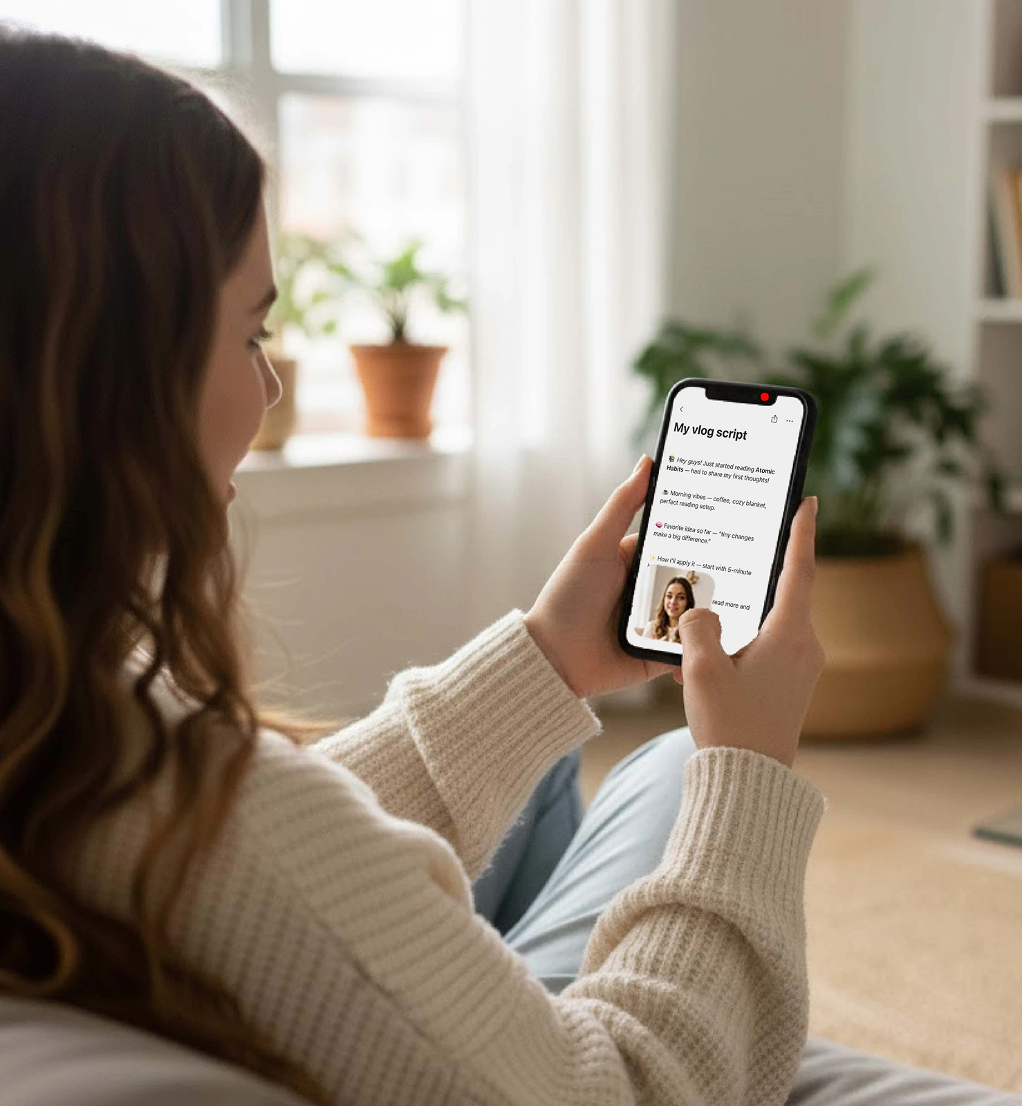 Content creator happily recording a video while reading notes using the Float Cam app